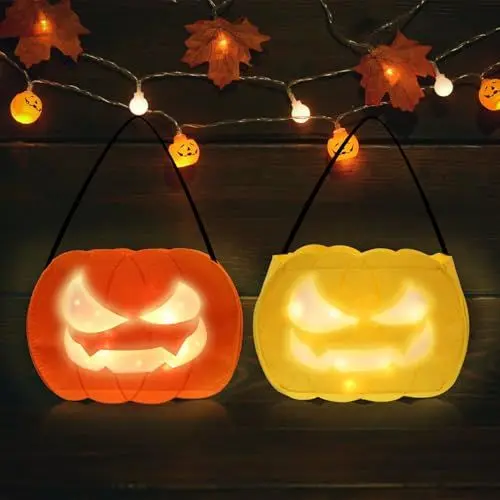 Produktbild: APODESS 2STK Kürbis Eimer Halloween Eimer für Süßigkeiten Led Kürbis Tasche Beleuchtung Korb Süßigkeiten Beutel Kürbiseimer Candy Bag Trick or Treat Bag Filz Sammeltasche für Sammeln von Süßigkeiten