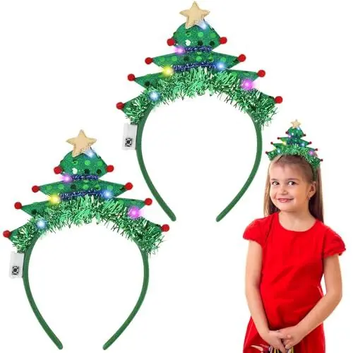 Produktbild: APODESS 2stk Haarreif Weihnachten Led Weihnachtself Kostüm Leuchtender Weihnachts Haarschmuck Leucht Weihnachtshaarreifen Led Weihnachtsmütze Stirnband für Kinder Erwachsene Weihnachtsfeiern Cosplay