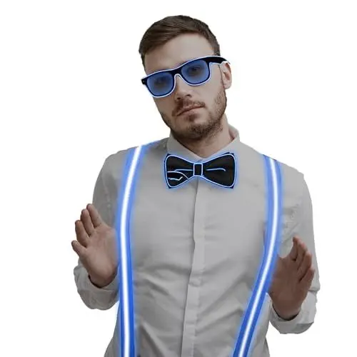 Produktbild: APODESS 3TLG Led Hosenträger Herren Fliege und Hosenträger Set mit Led Brille Blau Festival Rave Outfit Herren Led Kleidung Led Anzug für Musik Festival Hochzeit Halloween Kostüm Bachelor Party