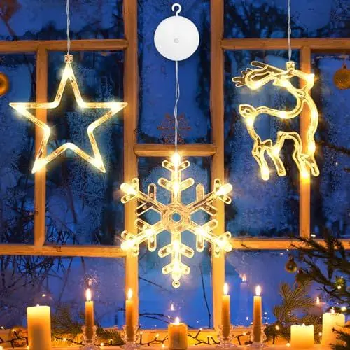 Produktbild: APODESS 3stk Weihnachtsbeleuchtung Fenster Lichtervorhang Fenster Beleuchtung Weihnachten Led Stern Beleuchtet Leuchtsterne Batteriebetrieben für Außen Innen Balkon Garten Warmweiß Fensterdeko