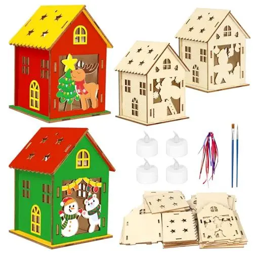 Produktbild: APODESS 4SET LED Teelichthaus Weihnachten Bastelset Kinder Holz Teelicht Haus mit LED Kerzen Teelichthalter Haus Weihnachtshaus Bausatz Teelicht Häuser Weihnachten Basteln Weihnachtsbaum Hängendsdeko