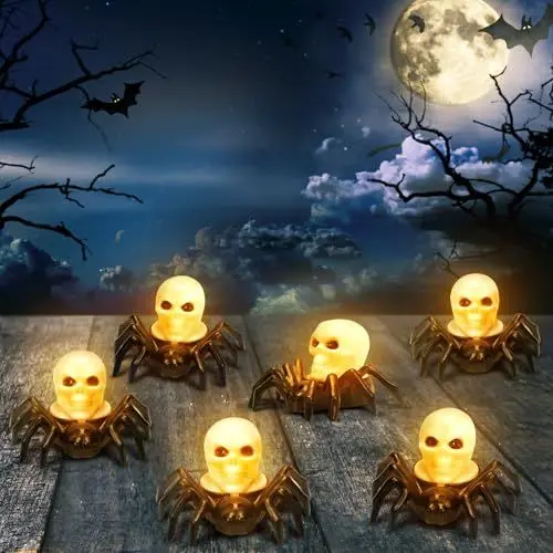 Produktbild: APODESS 6STK Halloween Spinne Led Kerzen Halloween Deko Tisch Teelichter Skelett Batteriebetrieben Totenkopf Tischdeko Gruselig deko Fenster Halloween Beleuchtung Deko Innen für Party Requisiten