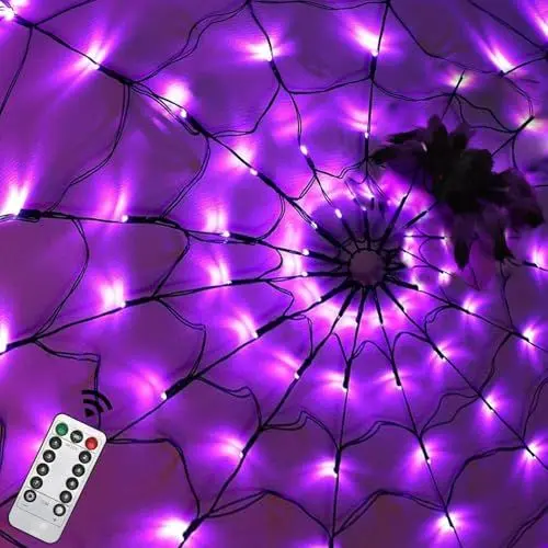 Produktbild: APODESS Spinnennetz LED Wasserdicht Halloween Deko Outdoor - Gruselig Riesen Spinne Gartendeko Lichterkette mit Fernbedienung (8 Modi & Timer) für Garten Innen Außen