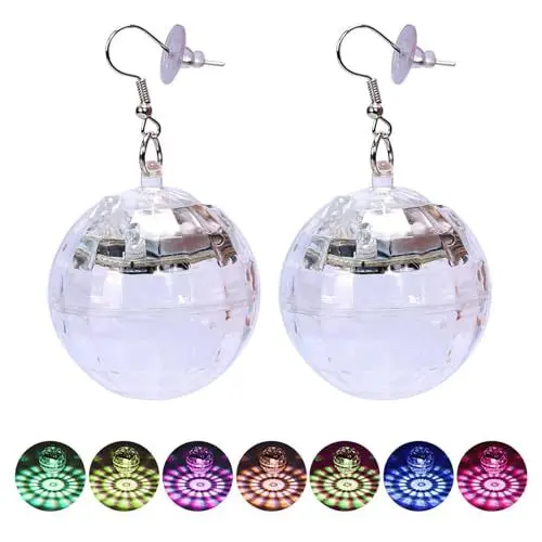 Produktbild: APODESS Led Discokugel Ohrringe Disco Licht Hippie Accessoires Schlager Outfit Damen Abba Kostüm 7 RGB Disco Ball Schmuckset für 60er 80er 70er 90er Jahre Karneval Fasching