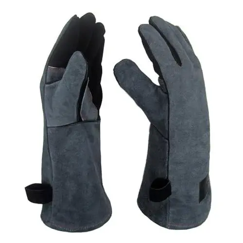 Produktbild: APOGO Ofenhandschuhe Backhandschuhe Grillhandschuhe 1 Paar Leder Grill Handschuhe 41x15X1.5cm Wildleder, mit Aufhängung, Topflappen für Küche und Grill Grillplatz Mikrowelle Handschuhe Schweißen