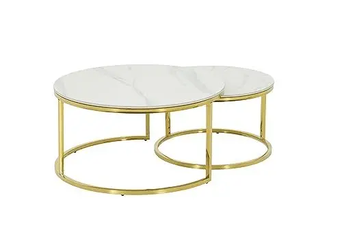 Produktbild: Hela Tische, 2er Set Couchtisch Wohnzimmertisch Joel, Rund, Sofatisch, Echtstein in Marmoroptik Glanz Weiß, Metallgestell Gold, Ø 80+Ø 60cm