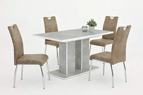 Produktbild: Apollo 5-teilige Essgruppe Susi, Säulentisch Holzwerkstoff Betonoptik 140-180x80cm, Esszimmerstühle Micofaser Beige, Metallfüße Chrom