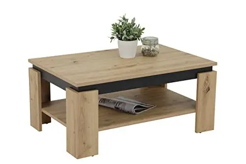 Produktbild: Hela Tische, Couchtisch Sofatisch Tim, Holzwerkstoff melaminbeschichtet, farbiger Tischkranz, Artisan/Schwarz, große Ablage, 90x60x41cm