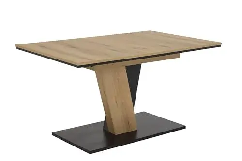 Produktbild: Hela Tische, Esstisch Kulissentisch Lucy, Dekor Evoke Eiche/Schwarz, Sychronauszug, Schräge Säulen mit Bodenplatte, 140-180x90cm