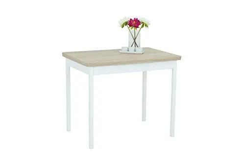 Produktbild: Hela Tische, Küchentisch Singeltisch Kiel, Holzwerkstoff Sonoma Eiche, Massivholzfüße Buche Weiß lackiert, ausziehbar 90-142x65cm