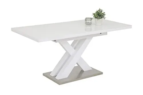 Produktbild: Hela Tische, Säulentisch Elvira, Holzwerkstoff lakiert, Hochglanz Weiß + 4mm Glasplatte, Bodenplatte Edelstahl, ausziehbar 120-160x80cm