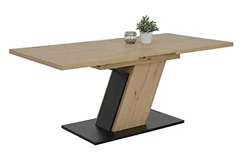 Produktbild: Hela Tische, Säulentisch Esstisch Jeanette, Holzwerkstoff, Dekor Artisan Eiche, Bodenplatte Schwarz, Synchronauszug 140-180x90cm