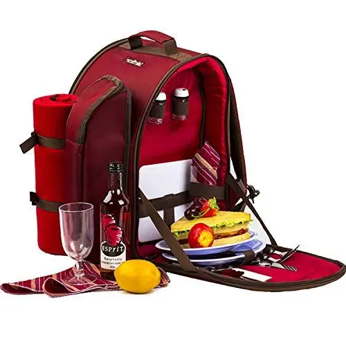 Produktbild: Apollowalker, roter Picknickrucksack für 2 Personen, Korb mit Kühltasche, inkl. Geschirr und Fleece-Decke