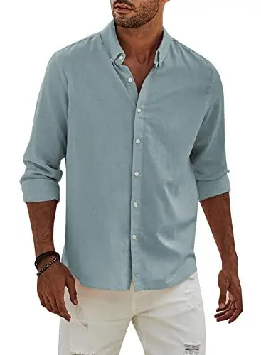 Produktbild: APOONABA Hemd Herren Buissnes Leinenhemd Freizeithemd Casual Leinen Bluse Langarm Shirts Regular Fit Western Hemden Baumwolle Langarmhemd Sommer Herbst Himmelblau XL