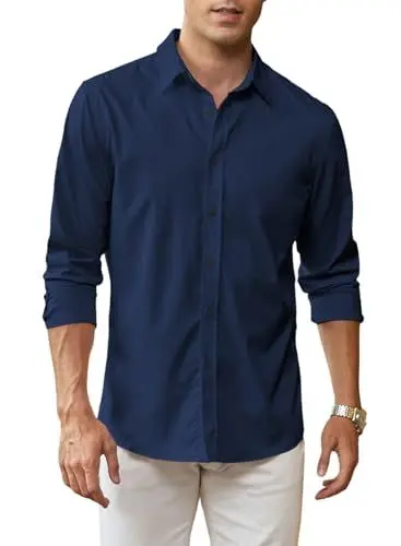 Produktbild: APOONABA Herren Hemd Business Casual Langarm Hemd Elegant Einfarbig Freizeithemden Klassisch Formelle Businesshemd Western Shirts Regular Fit Frühling Sommer Herbst Winter Blau L