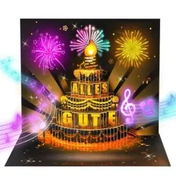 Produktbild: APOTODITO Geburtstagskarte mit Musik und Licht, 3D Pop Up Geburtstagskarte auf Deutsch mit Feuerwerk und Einblasbares Kerzen, Happy Birthday Geburtstagsgeschenk für Männer Frauen Kinder
