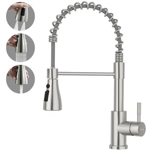 Produktbild: APPASO Wasserhahn Küche, Küchenarmatur mit Brause Hochdruck, Mischbatterie mit 3 Strahlarten, Spültischarmatur 360° Drehbar, Bleifrei/Nickelfrei Edelstahl Gebürstet | Doppelklingen