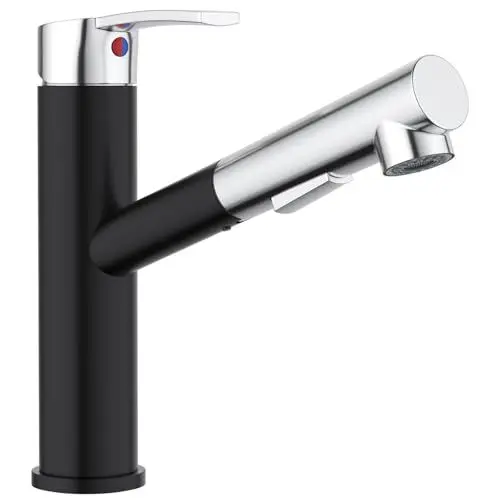 Produktbild: APPASO Wasserhahn Küche Schwarz, Hochdruck Küchenarmatur mit ABS-Kunststoff Brause Ausziehbar & 2 Strahlarten, Schwarzer und Chrom Mischbatterie 360° schwenkbar, Spültischarmatur Armatur für Küche