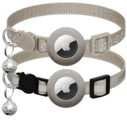 Produktbild: Apple Airtag-Katzenhalsband mit Sicherheitsverschluss und Glocke, reflektierend, verstellbar von 17,8–30,5 cm, Haustierbedarf, Accessoires, Geschenke, 2 Stück, Grau