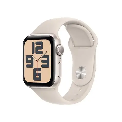 Produktbild: Apple Watch SE (2. Generation, 2023) (GPS, 40 mm) Smartwatch mit Aluminiumgehäuse und Sportarmband (S/M) in Polarstern. Fitness- und Schlaftracker, Unfallerkennung, Herzfrequenzmesser, Retina Display