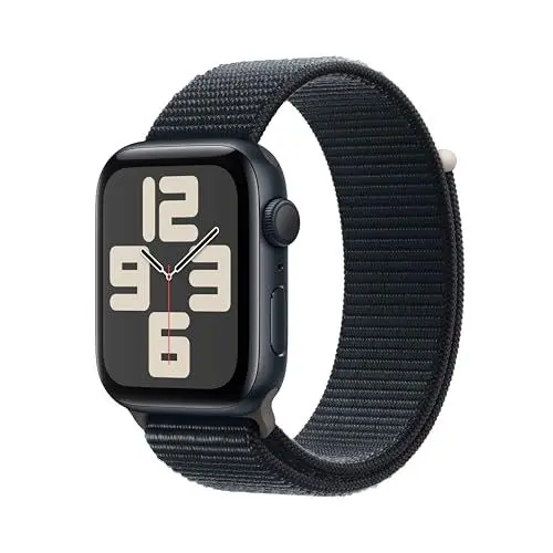 Produktbild: Apple Watch SE (2. Generation, 2023) (GPS, 44 mm) Smartwatch mit Aluminiumgehäuse und Sport Loop Armband in Mitternacht. Fitness- und Schlaftracker, Unfallerkennung, Herzfrequenzmesser, CO₂ neutral