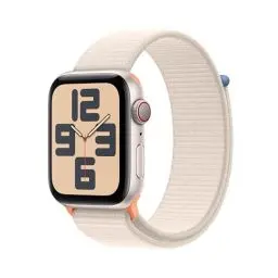 Produktbild: Apple Watch SE (2. Generation, 2023) (GPS + Cellular, 44 mm) Smartwatch mit Aluminiumgehäuse und Sport Loop Armband in Polarstern. Fitness- und Schlaftracker, Herzfrequenzmesser, CO₂ neutral