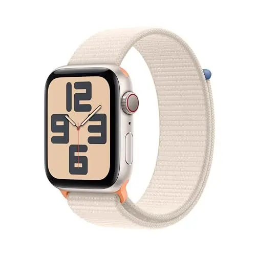 Produktbild: Apple Watch SE (2. Generation, 2023) (GPS + Cellular, 44 mm) Smartwatch mit Aluminiumgehäuse und Sport Loop Armband in Polarstern. Fitness- und Schlaftracker, Herzfrequenzmesser, CO₂ neutral