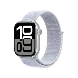 Produktbild: Apple Watch Series 10 (GPS 42 mm) Smartwatch mit Aluminiumgehäuse in Silber und Sport Loop in Blaue Wolke (One Size). Fitnesstracker, EKG App, Always-On Retina Display, CO₂ neutral