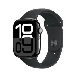 Produktbild: Apple Watch Series 10 (GPS 46 mm) Smartwatch mit Aluminiumgehäuse in Diamantschwarz und Sportarmband in Schwarz (M/L). Fitnesstracker, EKG App, Always-On Retina Display, Wasserschutz