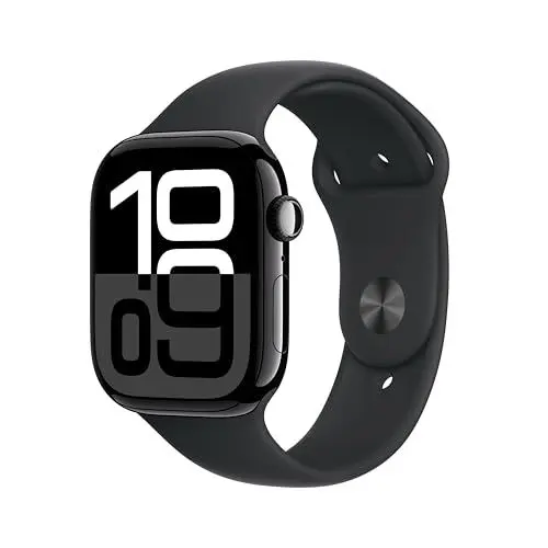 Produktbild: Apple Watch Series 10 (GPS 46 mm) Smartwatch mit Aluminiumgehäuse in Diamantschwarz und Sportarmband in Schwarz (M/L). Fitnesstracker, EKG App, Always-On Retina Display, Wasserschutz