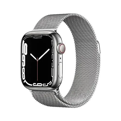 Produktbild: Apple Watch Series 7 (GPS + Cellular, 41mm) Smartwatch - Edelstahlgehäuse Silber, Milanaise Armband Silber. Fitnesstracker, Blutsauerstoff und EKGApps, Always-On Retina Display, Wasserschutz