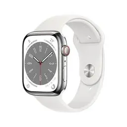 Produktbild: Apple Watch Series 8 (GPS + Cellular, 45mm) Smartwatch - Edelstahlgehäuse Silber, Sportarmband Weiß - Regular. Fitnesstracker, Blutsauerstoffund EKGApps, Always-On Retina Display, Wasserschutz