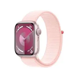 Produktbild: Apple Watch Series 9 (GPS, 41 mm) Smartwatch mit Aluminiumgehäuse in Pink und Sport Loop Armband in Hellrosa. Fitnesstracker, Blutsauerstoff und EKG Apps, Always-On Retina Display, CO₂ neutral