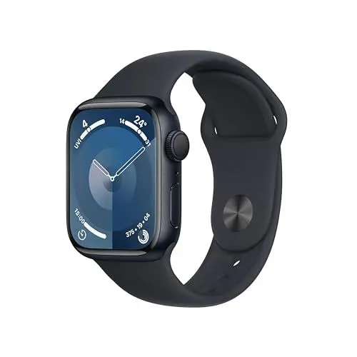 Produktbild: Apple Watch Series 9 (GPS, 41 mm) Smartwatch mit Aluminiumgehäuse und Sportarmband S/M in Mitternacht. Fitnesstracker, Blutsauerstoff und EKG Apps, Always-On Retina Display, Wasserschutz
