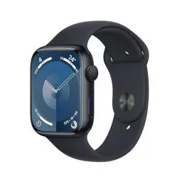 Produktbild: Apple Watch Series 9 (GPS, 45 mm) Smartwatch mit Aluminiumgehäuse und Sportarmband S/M in Mitternacht. Fitnesstracker, Blutsauerstoff und EKG Apps, Always-On Retina Display, Wasserschutz