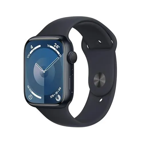 Produktbild: Apple Watch Series 9 (GPS, 45 mm) Smartwatch mit Aluminiumgehäuse und Sportarmband S/M in Mitternacht. Fitnesstracker, Blutsauerstoff und EKG Apps, Always-On Retina Display, Wasserschutz