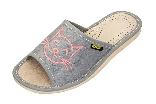 Produktbild: APREGGIO Hausschuhe Damen Leder 40 Größe Grau Pink – Handgefertigt Leder Slipper - Bequeme Pantoffeln - Damenhausschuhe Gummisohle Fest - Komfort Damen Hausschuhe Glattleder