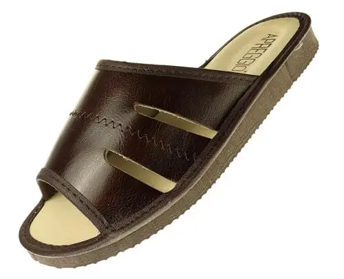 Produktbild: APREGGIO - Hausschuhe Herren Leder - Slippers Leder Hausschuh Männer Pantoffel - Pantoffeln - Dunkelbraun - Größe 43