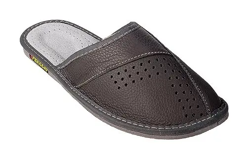 Produktbild: APREGGIO - Hausschuhe Herren Leder | Slippers Leder | Herrenhausschuhe | Hausschuh Männer Pantoffel | Slipper | Schwarz - Größe 44 EU