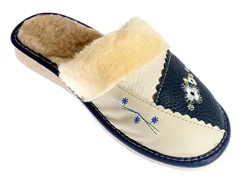 Produktbild: APREGGIO - Warme Damen Winter Hausschuhe aus Glattleder - Keilsohle - Wolle Isoliert - 100% Naturprodukt - Pantoffeln Geschlossen - Handgefertigt - Weiß und Marineblau - Größe 37 EU