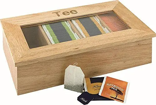 Produktbild: APS 11575 Teebox - Premium Tee-Holzbox mit Sichtfenster und 4 Kammern für Teebeutel, Deckel bleibt offen stehen, Natur, 4 Kammern á 30 Teebeutel
