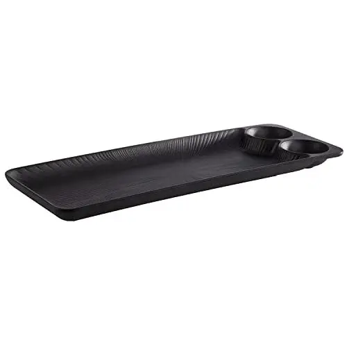 Produktbild: APS 85097 Melamintablett NERO mit 2 integrierten Dipschälchen, Serviertablett für vielerei Speisen, 41,0 x 15,0 x 2,5 cm