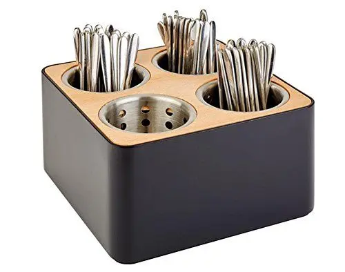 Produktbild: APS Besteckbehälter, Besteckkasten, Besteckbehältnis, 4 Löcher inkl. 4 Edelstahl Köcher, schwarz und braun, aus Edelstahl, Holz und SAN, 27 x 27 cm, 15 cm Höhe