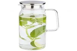 Produktbild: APS Glaskaraffe für Wasser und Limonade, Glasbehälter (Ø x H): 10 x 26 cm mit Edelstahldeckel und Doppelfunktion, Ausgießer mit integriertem Sieb, 1,5 Liter