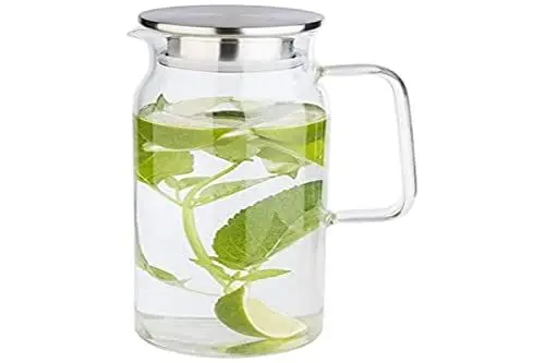 Produktbild: APS Glaskaraffe für Wasser und Limonade, Glasbehälter (Ø x H): 10 x 26 cm mit Edelstahldeckel und Doppelfunktion, Ausgießer mit integriertem Sieb, 1,5 Liter