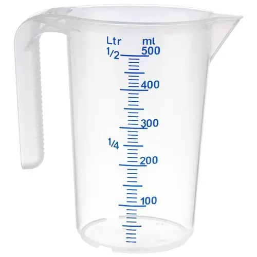Produktbild: APS Messbecher 0,5 Liter, Ø 9 x H: 14 cm, Kunststoffbecher mit geprägter Maßskalierung außen, offener Griff, l-/ml-Einteilung, spülmaschinengeeignet