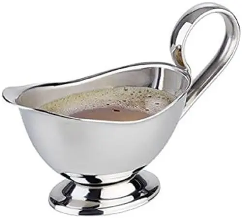 Produktbild: APS Sauciere - Edelstahl, hochglanzpoliert, extra schwere Qualität - Abmessungen: 6 x 13 cm, Höhe: 9 cm, Volumen: 75 ml