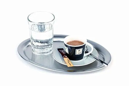 Produktbild: APS 30111 Serviertablett „Kaffeehaus“, klassisches Wiener Kaffeehaus Tablett, Edelstahl Tablett, matt poliert, oval, Rand eingerollt, 19 x 15 cm, 1 cm Höhe
