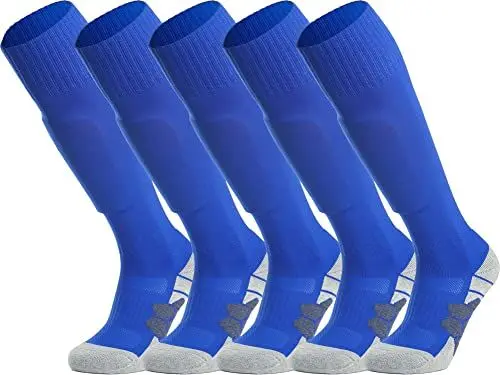 Produktbild: APTESOL Knielang Fußballsocken Kinder Jugend Erwachsene Lang Sportsocken Kissen Atmungsaktiv Soccer Trainingssocke (5-Paar Blau-A, EU 32-36)