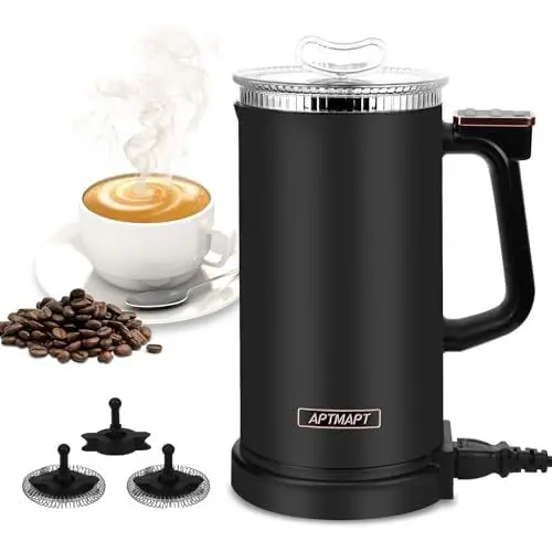 Produktbild: APTMAPT Milchaufschäumer Elektrisch 500W 4 in 1 Milchaufschäumer Automatisch 350 ml Heiße und kalte Milchaufschäumer für Kaffee Latte Cappuccino (Schwarz)